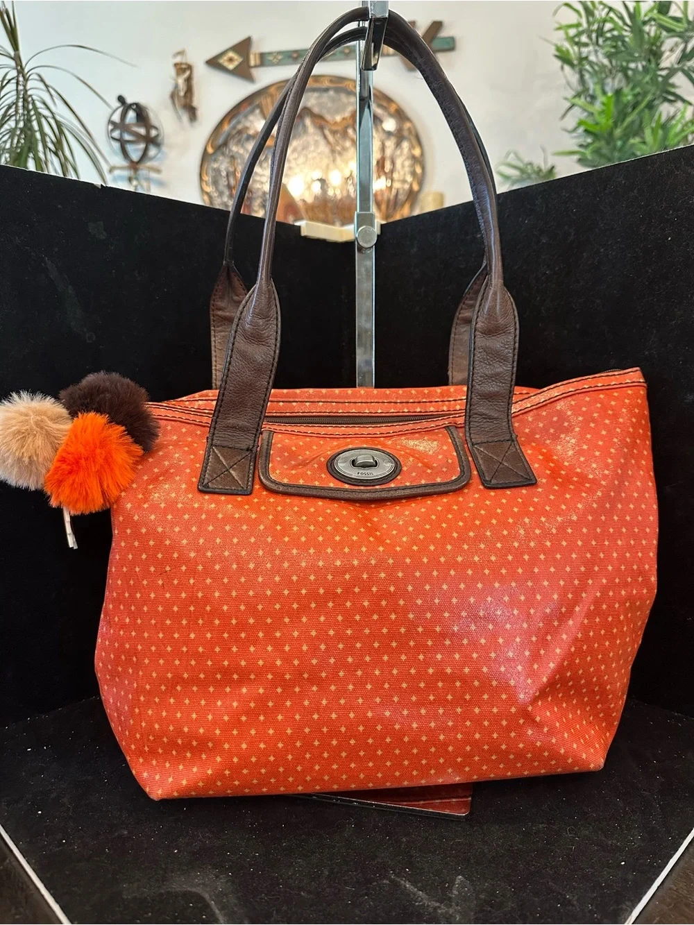 FOSSIL #075 Orange Tote Bag with Brown Handles
